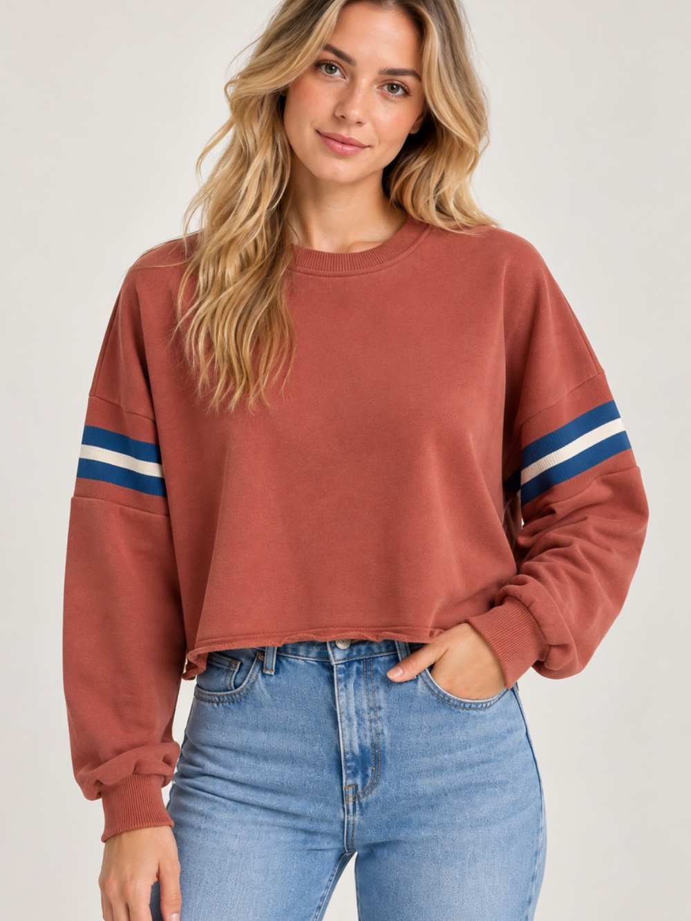 American Eagle Cropped Sweatshirt Women’s M Rust Terracotta Stripe Sleeve